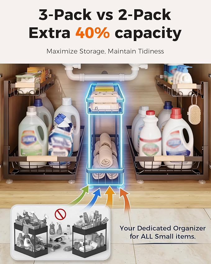 Sevenblue 3 Pack Under Sink Organizer, Height Adjustable 2 Tier Pull-Out Metal Under Kitchen Sink Organizer, Multi-Purpose Storage Shelves for Kitchen Bathroom Cabinet, Brown