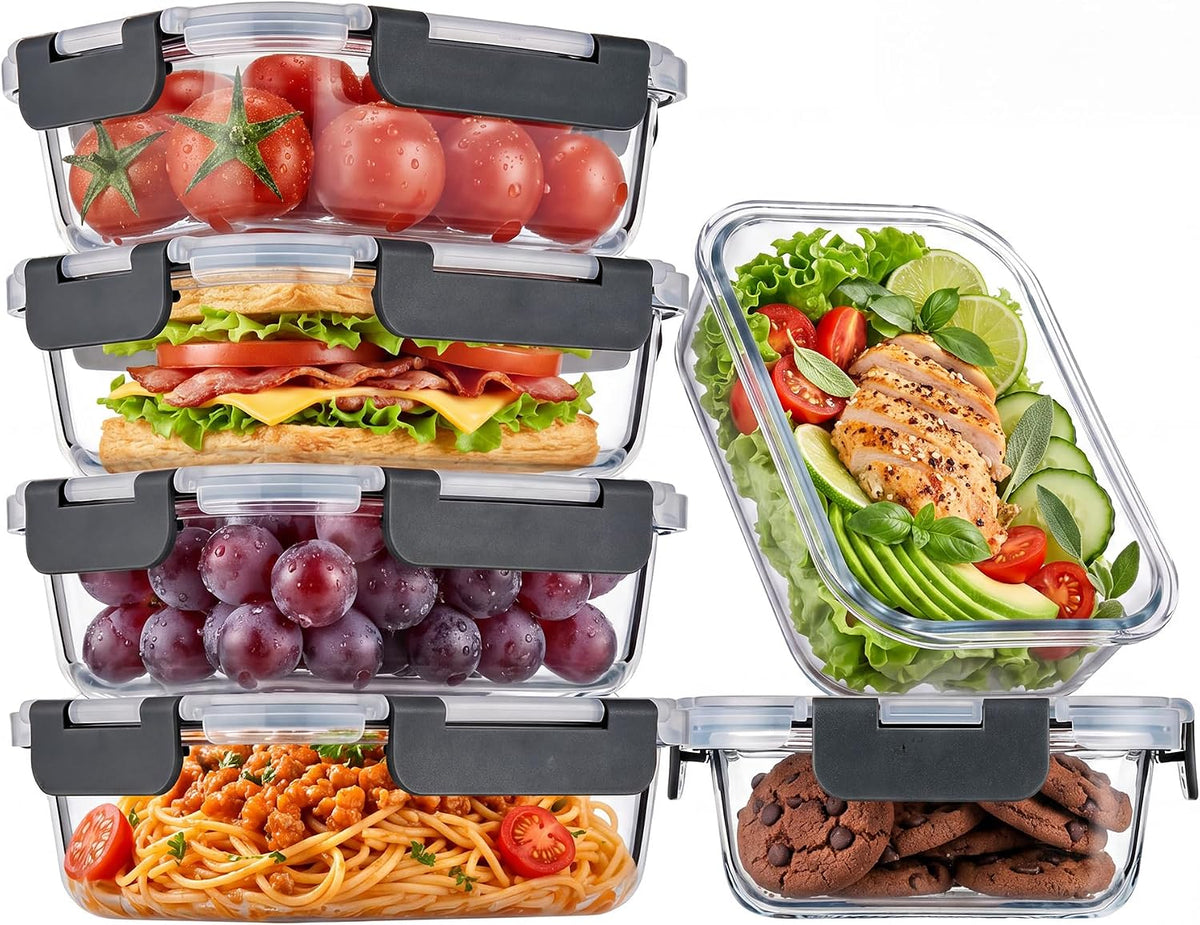 6-Pack 22oz Glass Meal Prep Containers with Lids, Airtight Leakproof Snap Lock Food Storage, Freezer, Microwave, Oven & Dishwasher Safe Bento Boxes for Meal Prepping, Grey