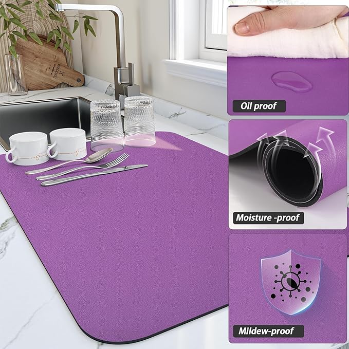 HotLive Dish Drying Mat for Kitchen Counter, Heat Resistant Drainer Mats with Non-slip Rubber Backed, Hide Stain Kitchen Super Absorbent Draining Mat, Easy to Clean Dish Rack Pad, Purple 18"x28"