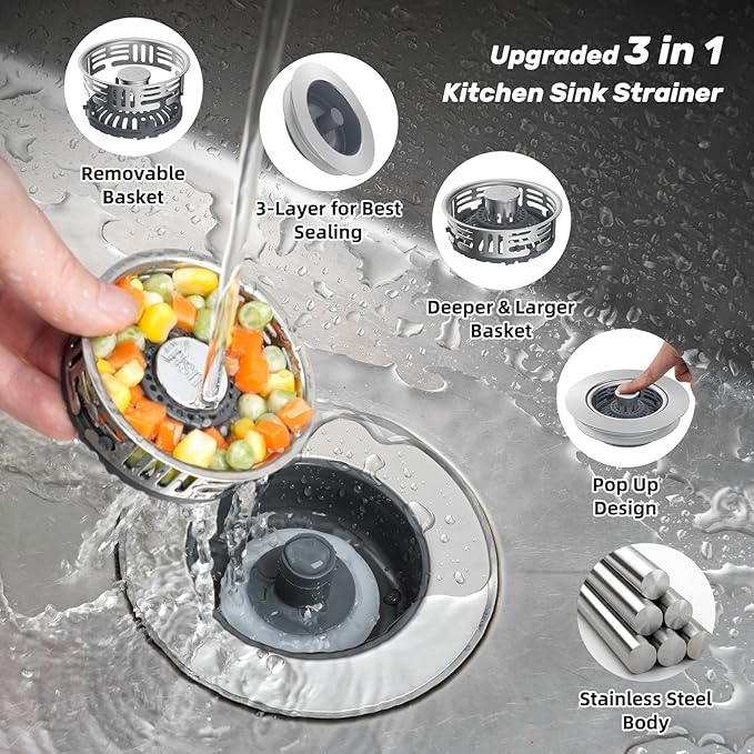 Hibbent Upgraded 2 Pack 3 in 1 Kitchen Sink Drain Strainer, Stainless Steel Pop Up Sink Stopper, Larger Anti-Clogging Basket, 3-Layer Seal, Detachable Plug for US Standard 3-1/2" Drain, Brushed Nickel