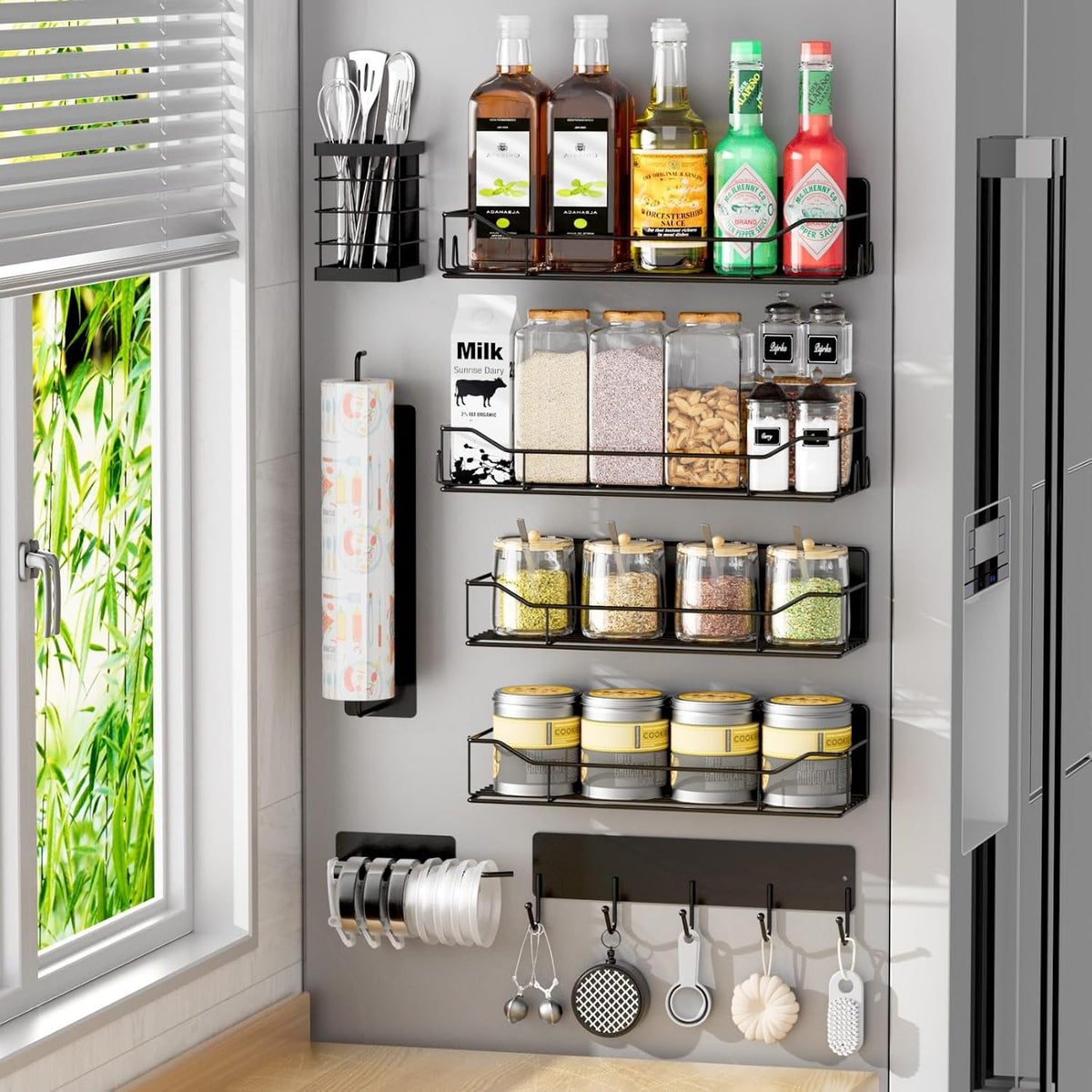 Magnetic Spice Rack for Refrigerator,8 Pack Magnetic Fridge Shelf, Moveable Spice Organizer with Hook Rack, Paper Towel Holder, Utensil Holder,cup lid holder, Super Magnetic Rack Set (Black)