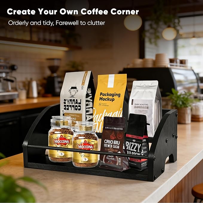 Mini Coffee Syrup Rack – Syrup Bottles Holder for Coffee Bar, Liquor Bottle Display Shelf - Rustic Kitchen Cabinet, Wooden Countertop Organizer for Spirits, Tea, or Coffee (2-Tier)