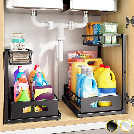 Under Sink Organizer, 2 Pack Cabinet Organizer for Kitchen, Black, 2 Pack