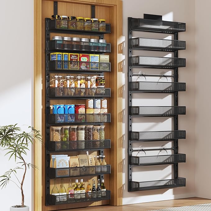 Pantry Door Organizers and Storage,8-Tier Large Wide Metal Heavy-Duty Frame Over the Door Spice Rack, 2 in 1 Wall-Mounted or Hanging shelf for Kitchen, Bathroom, Laundry Room, Bedroom, Closet &Nursery
