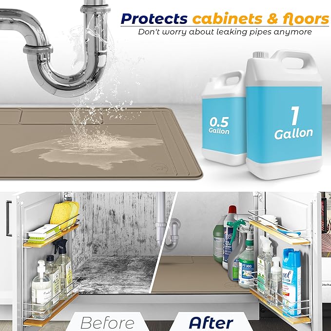 The Original Under Sink Mat - Silicone Waterproof mat, Trimmable, Easy to Clean, Kitchen cabinet liner, Under sink protector mats, Drip Tray with Lip - 34" x 22" or smaller