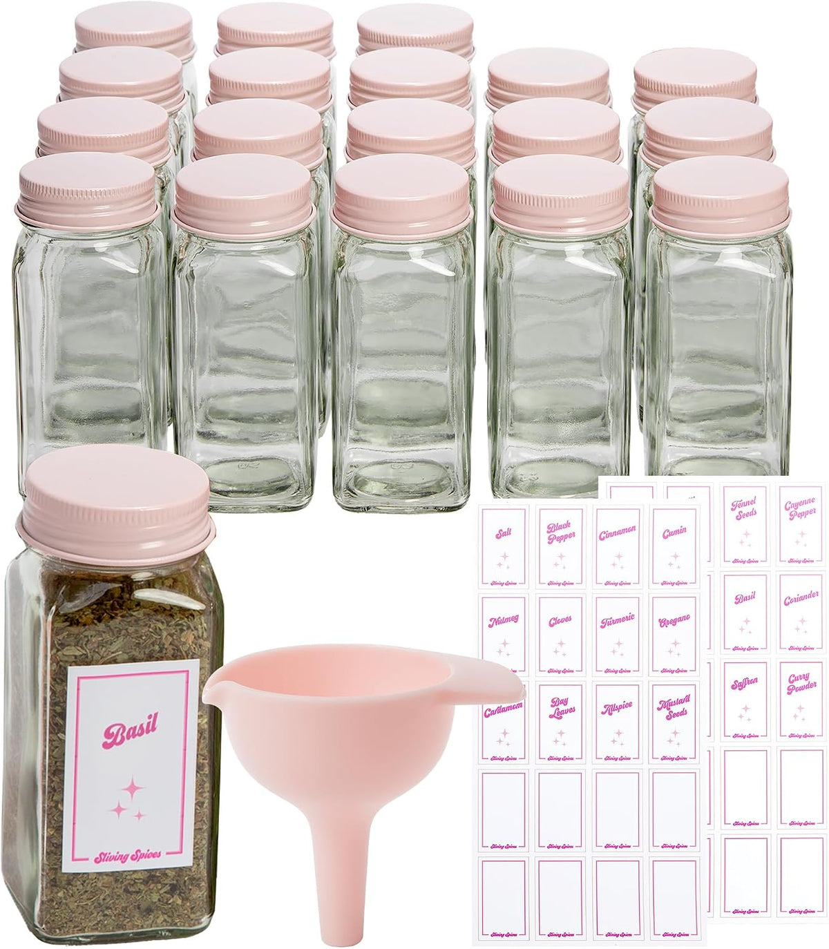 Glass Spice Jar Storage Set, 4-Ounce Empty Spice Jars with Labels, Shaker Caps and Metal Lids, Collapsible Funnel Included, 20-Piece, Pink