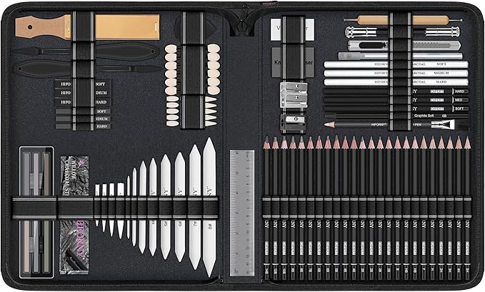 HIFORNY 100 PCS Drawing Set Sketching Kit,Sketch Pencils Art Supplies with Graphite,Charcoal,Blending Tools & Accessories,Portable Zippered Travel Case for Artists & Beginners