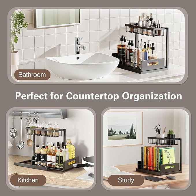 VUSIGN Under the Sink Organizer, 2-Tier Pull Out Cabinet Organizer, Metal Slide Out Storage for Bathroom Kitchen, 1 Pack, Black