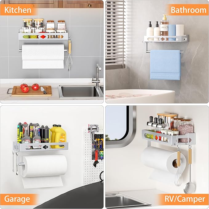Paper Towel Holder Wall Mount, MAYZOLOP Easy One-Hand Tear Design Paper Towel Holder with 2 Hooks, Fits Kitchen, RV, Bathroom, Self-Adhesive or Drilling Installation, Silver