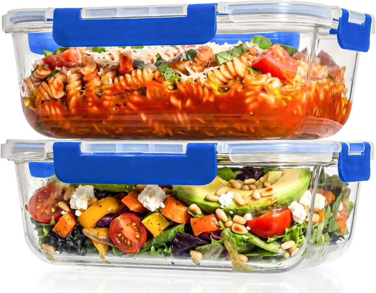 2 Pcs 1860ml / 63 Oz Large Glass Food Storage Containers with Lids - Glass Meal Prep Containers with Locking Lids for Roasting, Storing Leftover, Lunch Container, BPA Free, Microwave & Oven Safe