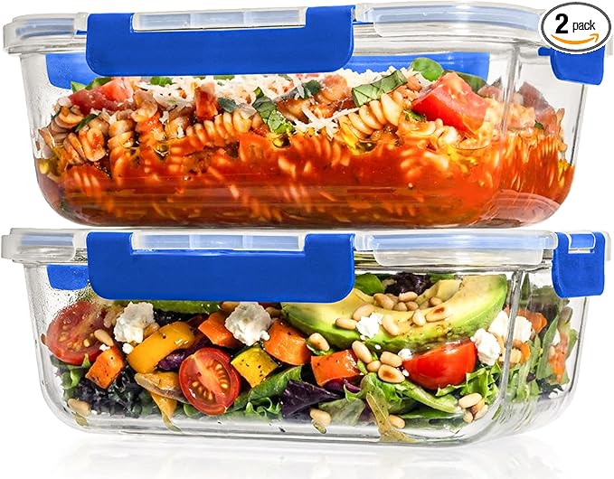 Razab 2 Pcs 1860ml / 63 Oz Large Glass Food Storage Containers with Lids - Glass Meal Prep Containers with Locking Lids for Roasting, Storing Leftover, Lunch Container, BPA Free, Microwave & Oven Safe