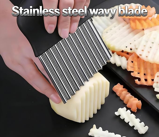 French Fry Slicer - Large Crinkle Cutter - Potato Knife Cutter, Fruit Vegetable Wavy Chopper - Stainless Steel Blade Cutting Knife Tool