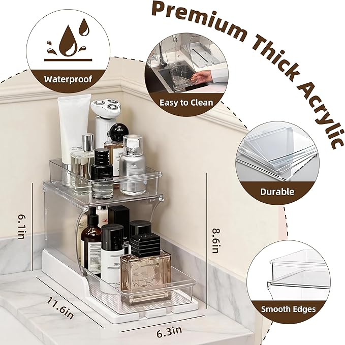 Spice Rack Organizer for Cabinet, 2 Tier Countertop Shelf Organizer with Pull Out Rotating Bottom Shelf, Acrylic Kitchen Spice Organizer for Pantry, Counter and Cabinet Storage