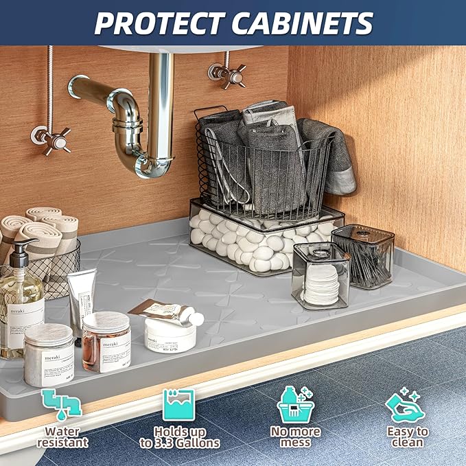 SIKADEER 28" x 19" Under Sink Mat Waterproof, Silicone Mat Kitchen Drawer Shelf and Cabinet Liner, Sink Protector for Kitchen Organizers and Storage, Boot Tray Pet Food Mats