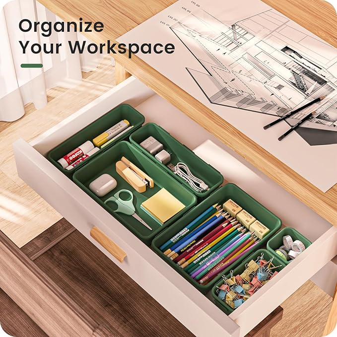A-LuGei 【Military Grade Drawer Organizer, 【𝟱𝗦𝗶𝘇𝗲】 Makeup organizer, 【Holds 177 Items】 Bathroom Organizers and Storage, Organization and Storage, Desk Drawer Organizer for Vanity (Green)