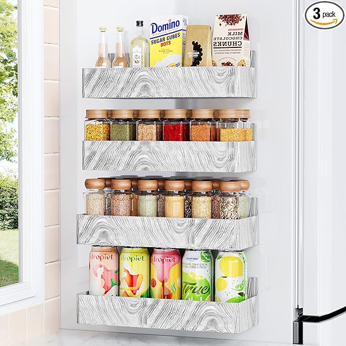 Mystozer Magnetic Spice Rack for Refrigerator, Kitchen Organizer and Storage Shelf, Wood White(4 Pack)