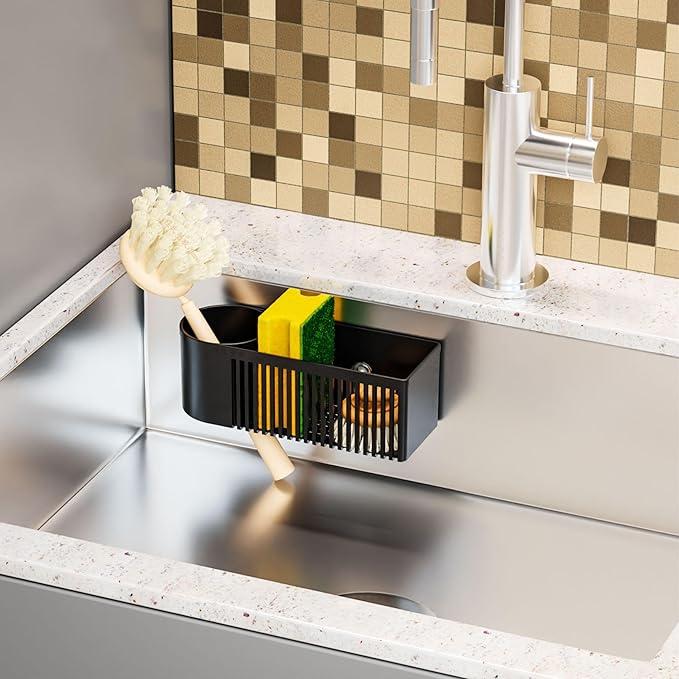SuoXing Inside Sink Sponge Holder,Black Rustproof Sink Caddy and Scrub Holder for Kitchen Sink with Suction Cup,Adhesive,Plastic Dish Sink Organizer for Scrub Brush,Scrubber,Dish Sponge,Spinge Holder