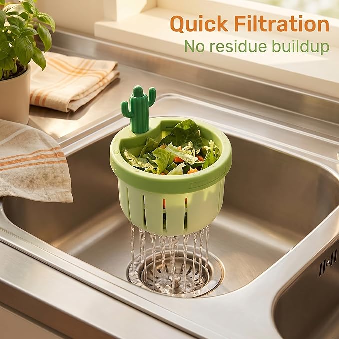 Cactus Kitchen Sink Drain Strainer, 2026 Upgrade Press to Dump Basket Waste Collector, Multifunctional Kitchen Sink Drain Strainer Fun Sink Accessory for Home Bathroom (Green 1 Pcs)