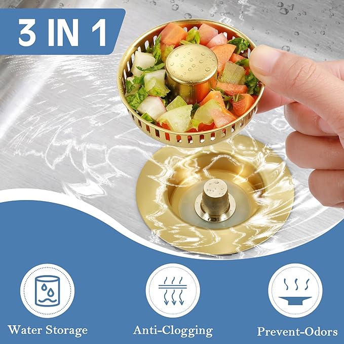 Kitchen Sink Drain Strainer 2 Pack, 304 Stainless Steel Pop Up Sink Stopper, Anti-Clogging Sink Drain Strainer for US Standard Kitchen Drain (Gold)