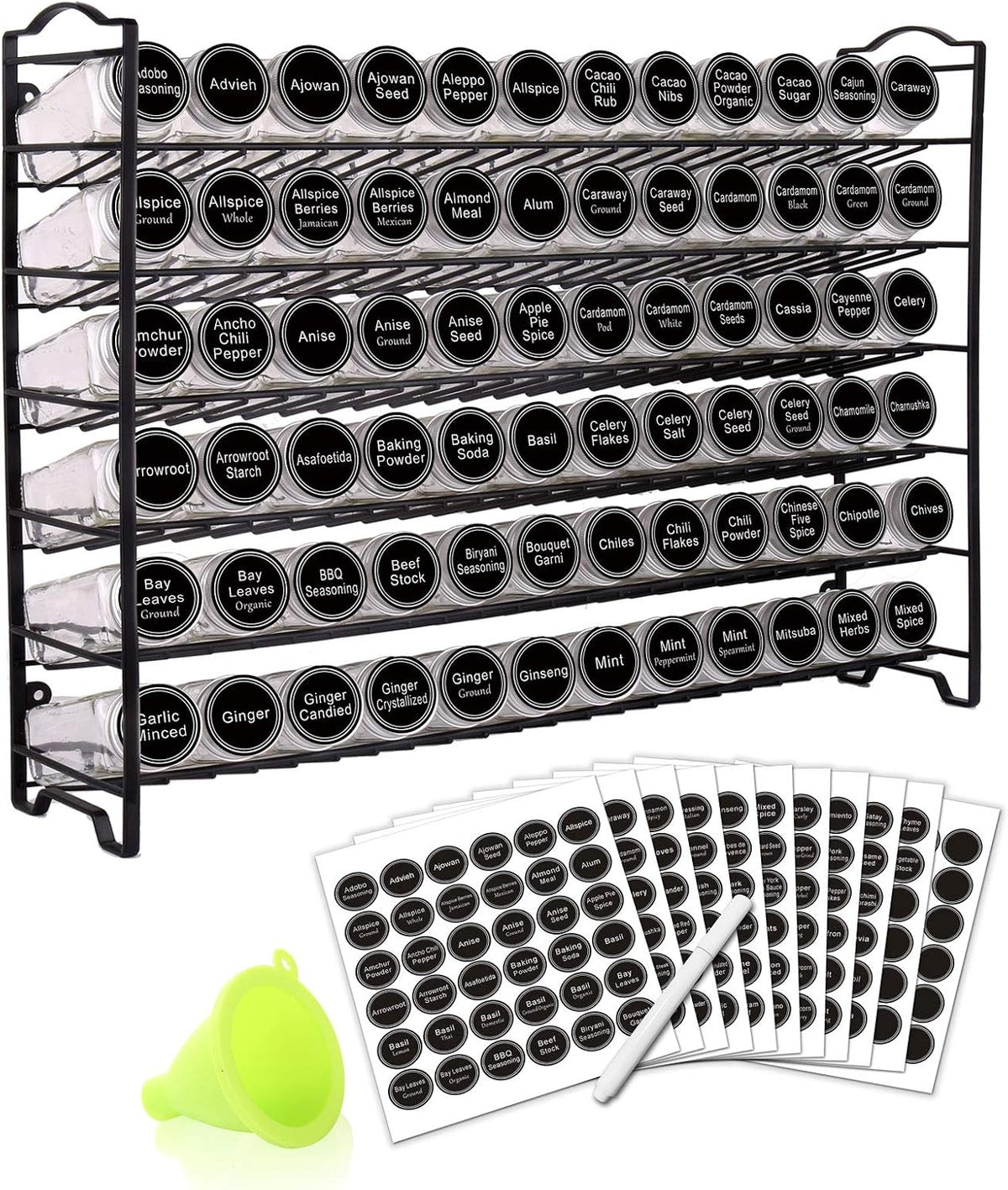 Spice Rack Organizer with 72 Spice Jars 4 oz, 396 Spice Labels