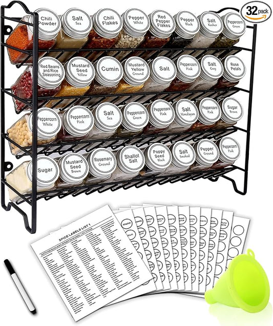 SWOMMOLY Spice Rack Organizer with 32 Empty Square Glass Spice Jars, 386 White Spice Labels with Chalk Marker and Funnel Complete Set, Seasoning Organizer for Countertop, Cabinet or Wall Mount