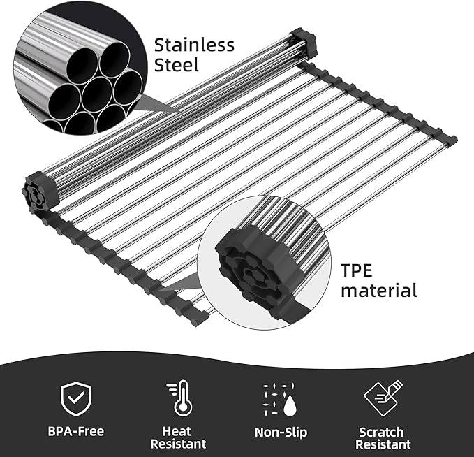 Dish Drying Rack, Roll Up Dish Drying Rack Over The Sink, 17" x 15.7", Dish Racks for Kitchen Counter, Black