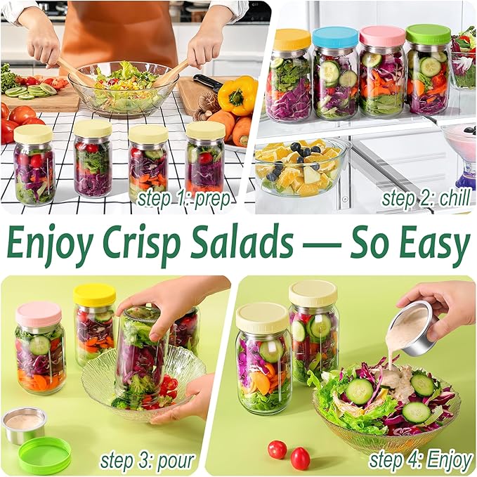 KTKUDY 2 Pack 32 oz Glass Salad Jars with Dressing Cups (Pod) - Meal Prep Salad Container for Lunch - Leakproof Mason Jars with Lids