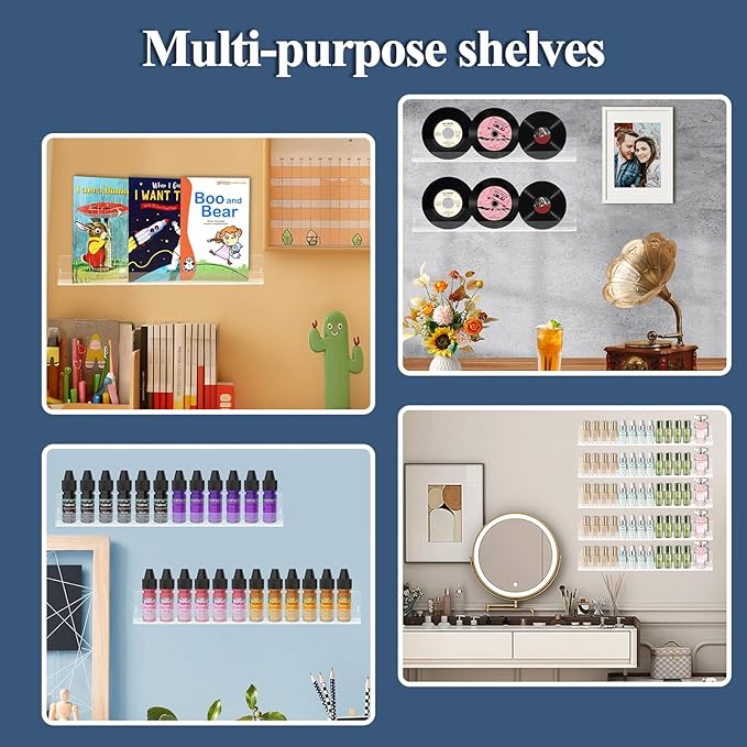Nail Polish Shelf Wall 15 Inch Acrylic Clear Rack Sunglass Organizer Multi-Purpose Floating Shelves for Beauty Salons Retailer Dressing Room (9 PCs)
