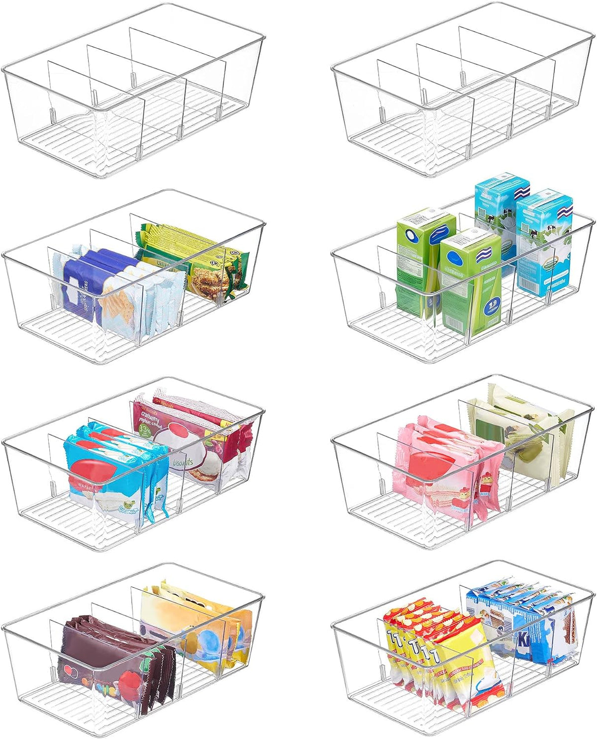 8 Pack Food Storage Organizer Bins, Clear Plastic, 4 Compartments