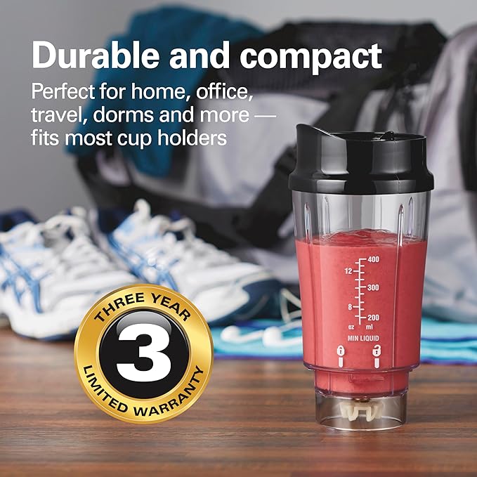 Hamilton Beach Portable for Shakes and Smoothies, 14 Oz BPA Free Travel Cup & Lid, Durable Stainless Steel Blades, Personal Smoothie, Black (51101AG)