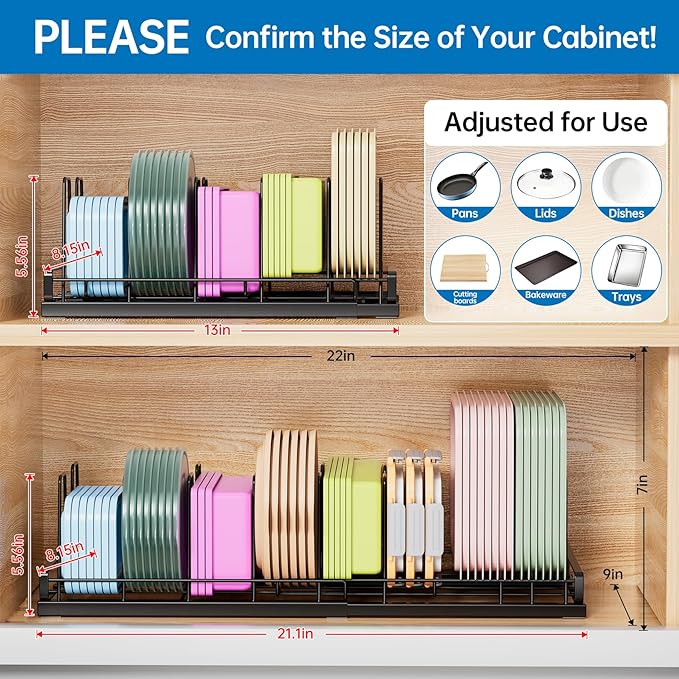 Expandable Food Container Lid Organizer, 9 Adjustable Dividers Sturdy Metal Pot and Pan Organizer Rack for Kitchen Cabinets, Drawers, Pantry Shelves, Countertops, Black, 8.15" Wide