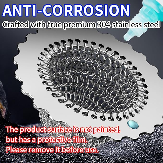 Kitchen Sink Drain Strainer, Patented 304 Stainless Steel Reversible Mesh Strainer with Flexible Chain, Handcrafted Anti-Clog Garbage Disposal Tool, Easy to Clean - 2 Pack