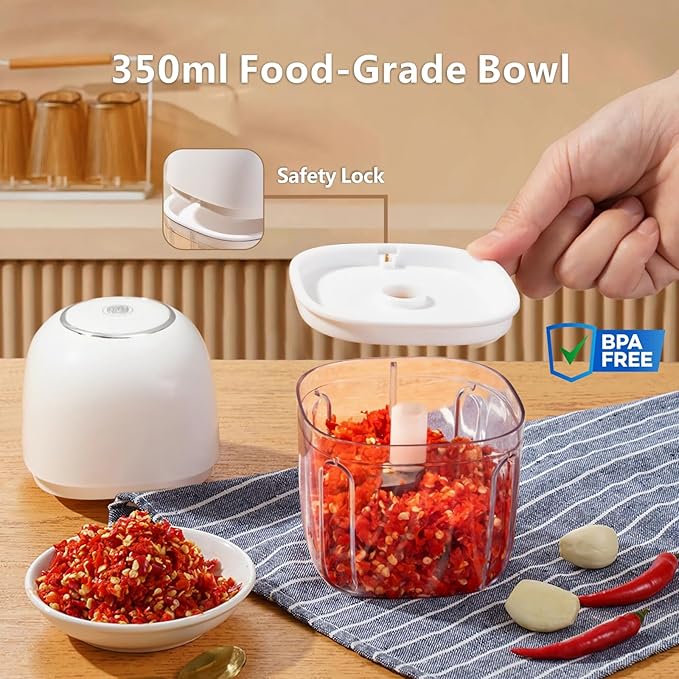 Wireless Food Chopper Mini, 350ml Cordless Food Processor, 1.4Cup Garlic Onion Chopper, Battery USB-C Rechargeable Electric Processor, Veggie Meat Blender, Small Kitchen Appliance Portable Mixer,White