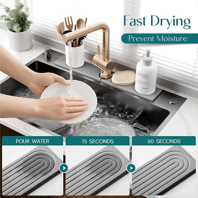 eormoe Kitchen Faucet Absorbent Mat - Diatomaceous Earth Splash Guard for Sink Faucet, Aesthetic Water Absorbing Stone Tray in The Modern Home [Grey, 23.6" x 3.9"]
