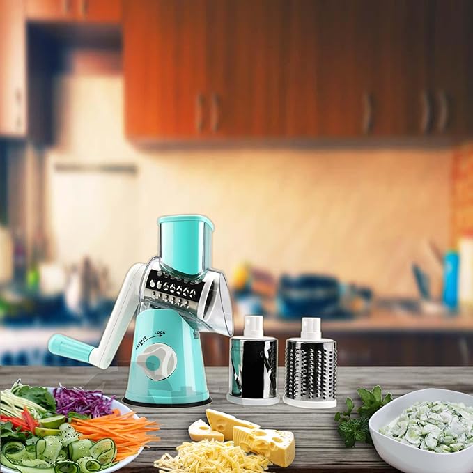 Round Mandoline Drum Slicer Rotary Cheese Grater Veggie Slicer Vegetable Carrot Shredder Nut Chopper Blue