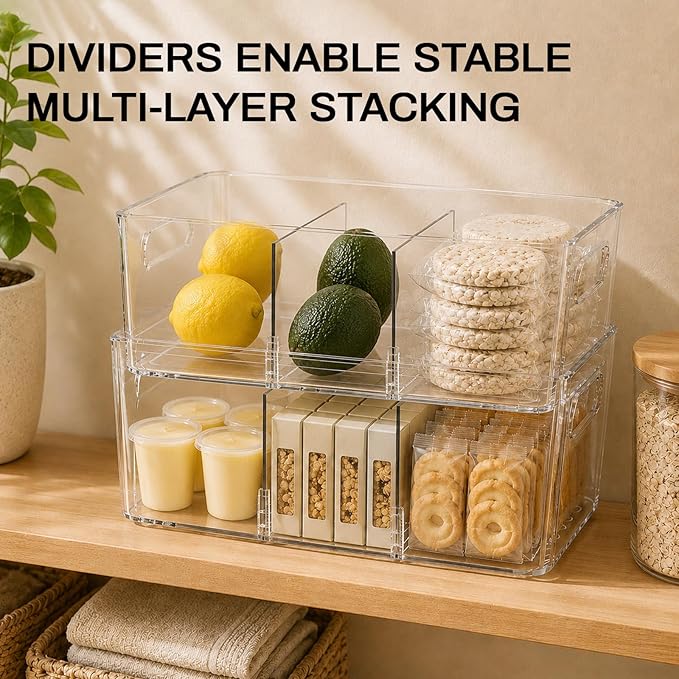 Mpotmiy Pantry Organizers and Storage , 8 Pack Snack Organizer for Pantry Shelf,Food Storage Bins with Divider,Clear Containers for Organizing,Transparent Plastic Basket,Refrigerator and Fridge Bins