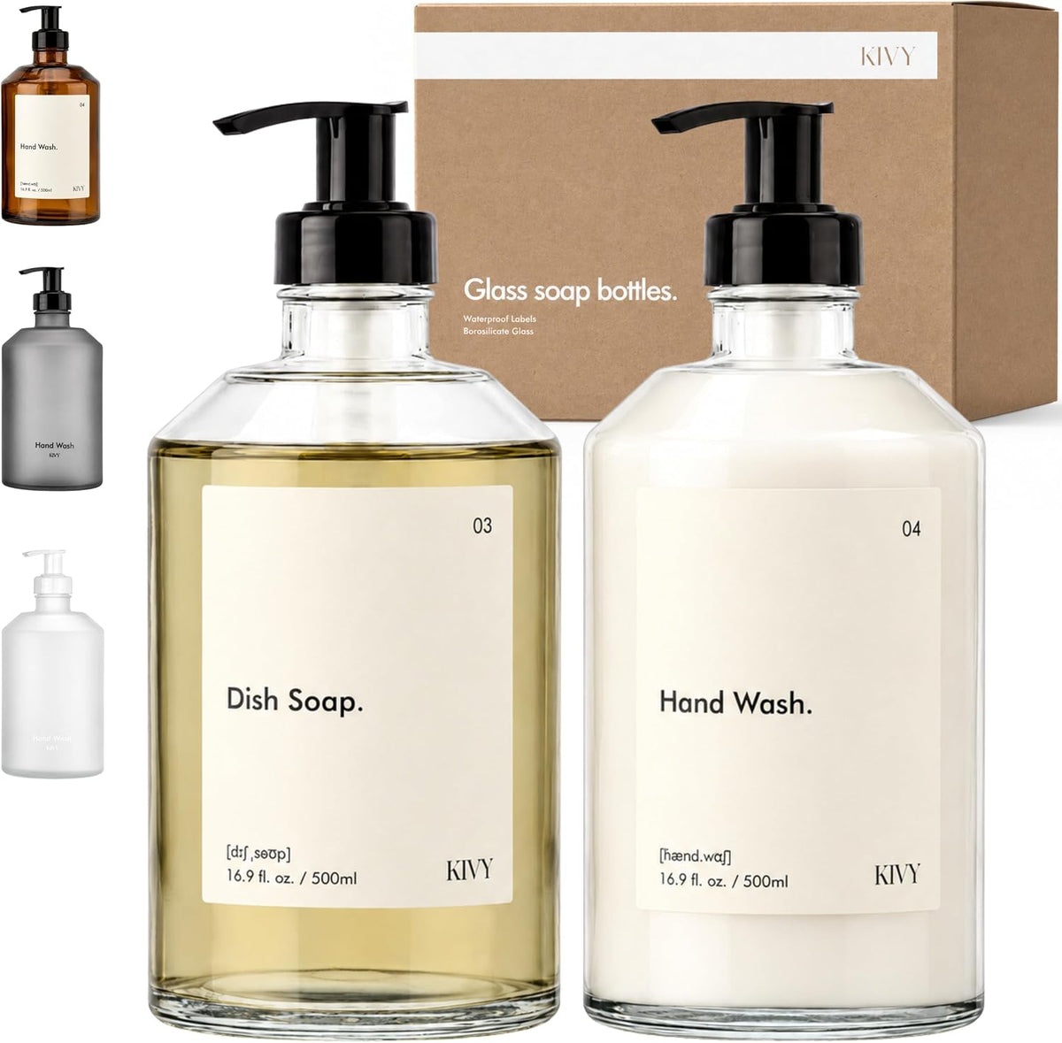 Glass Soap Dispenser Set 2X 16oz - incl. Waterproof Labels - with Pump