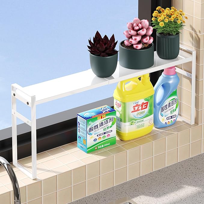 Expandable Narrow Shelf Organizer, Tall Countertop Organizer for Tight Spaces, Windowsill Plant Stand, Over-Sink/Faucet Shelf, Kitchen Counter Storage, Bathroom Vanity, Laundry Room (White)