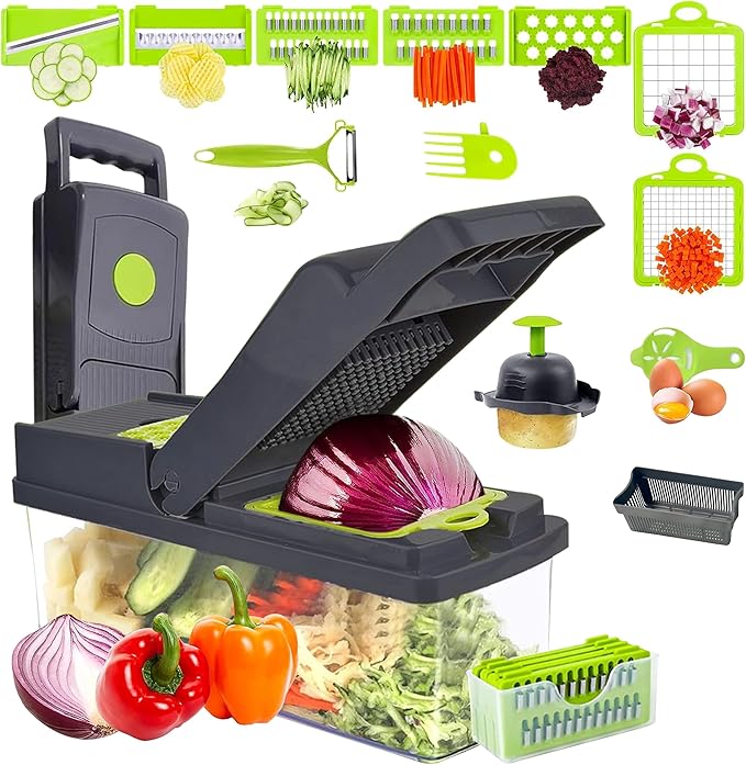 Vegetable Chopper 15 in 1- Multifunctional Food Chopper with 7 Blades- Mandoline Slicer, Dicer, Cutter, Peeler & Grater for Onion, Potato, Salad, Carrot, Garlic with Drain Basket & Container