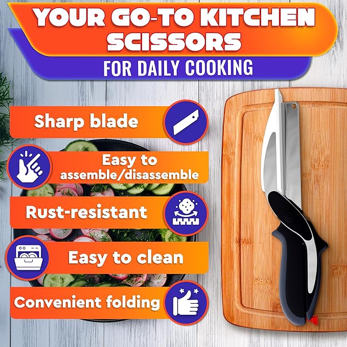 2 in 1 Kitchen Scissors for Food – Stainless Steel 9.5" Tomato Knife Chops Vegetables, Fruit, Cheese, Meat in Seconds | Dishwasher Safe Cutting Board Scissors with Safety Lock – Kitchen Gift for Dad