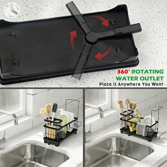 Sponge Holder for Kitchen Sink, Sink Caddy Organizer with Detachable Cloth & Brush Holder, Self-Draining Sponge Caddy Organizer with 360° Rotatable Spout, Kitchen Countertop Storage Accessories(Black)