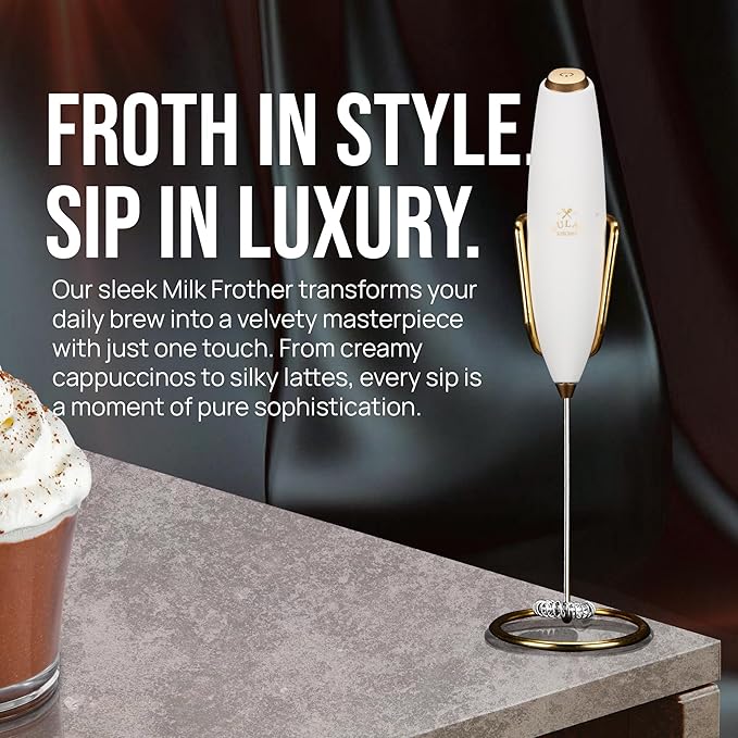 Zulay Kitchen Powerful Milk Frother Wand With Duracell Batteries - Ultra Fast Handheld Drink Mixer - Electric Whisk Foam Maker for Coffee, Lattes, Cappuccino & Matcha - Z1 Motor - Exec White Gold