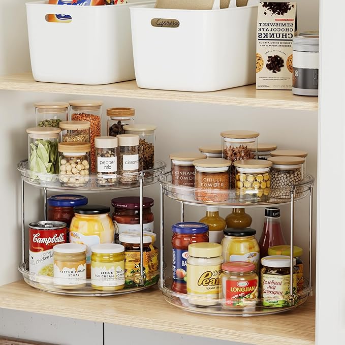 2 Pack 2 Tier Lazy Susan Organizer,10.6 inches Lazy Susan Turntable for Cabinet,Stackable Turntable Organizer Rotating Spice Rack Organization for Kitchen Countertop,Pantry,Bathroom,Clear
