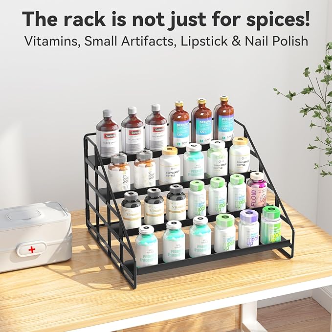 Bunoxea Spice Rack 4 Tier Kitchen Cabinet Organizer,Countertop Spice Rack,Tier Depth Adjustable Cabinet Shelf,Step Spice Organization Easy Visibility,Holds Seasoning and Condiments