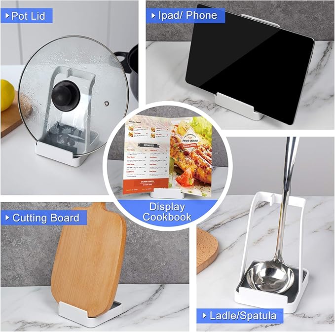 NiHome Versatile Pot Lid Ladle Holder Multipurpose Spatula Pad Book Cutting Board Spoon Rest Kitchen Utensils Drip Tray Washable Durable Stable Tack-Free Installation (White)