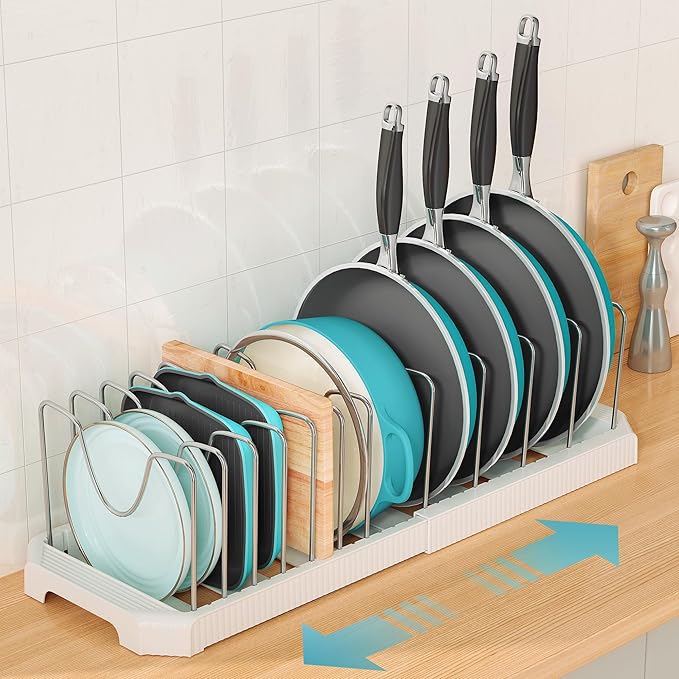 Pots and Pans Organizer for under Cabinet, Pan Pot Organizers inside Cabinet, Expandable Organizer with 12 Adjustable Dividers for Cookie Sheets, Cutting Boards, Pot Lids, Cookware - Frying Pan Rack
