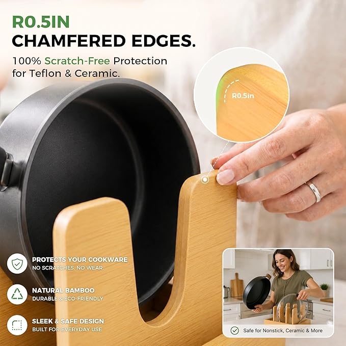 Premium Bamboo Pot Lid and Pan Organizer Rack for Kitchen Cabinets & Drawers – Adjustable Expandable Cookware Divider for Heavy Cast Iron, Baking Sheets & Plates – Scratch-Free Moisture-Resistant Wood