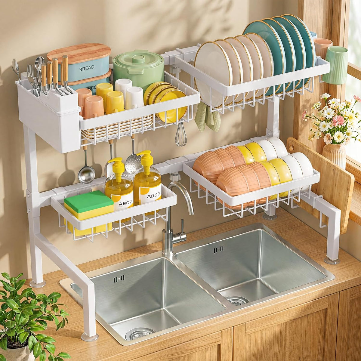4 Baskets 2-Tier Over The Sink Dish Drying Rack, 26.57"-35" White