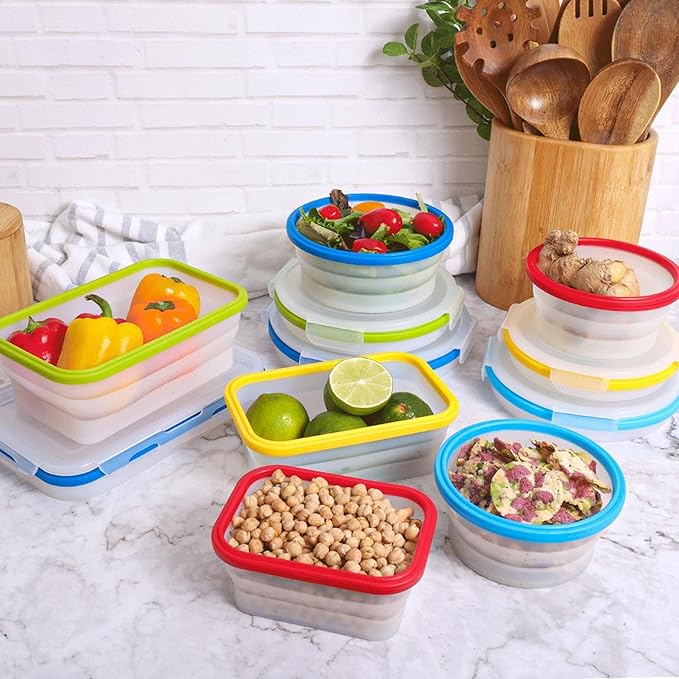 ECOBERI Collapsible Food Storage Containers, Silicone 4 Piece 27 oz Set, BPA-Free Meal Prep Containers with Airtight Lids, Space-Saving, Freezer and Dishwasher Safe