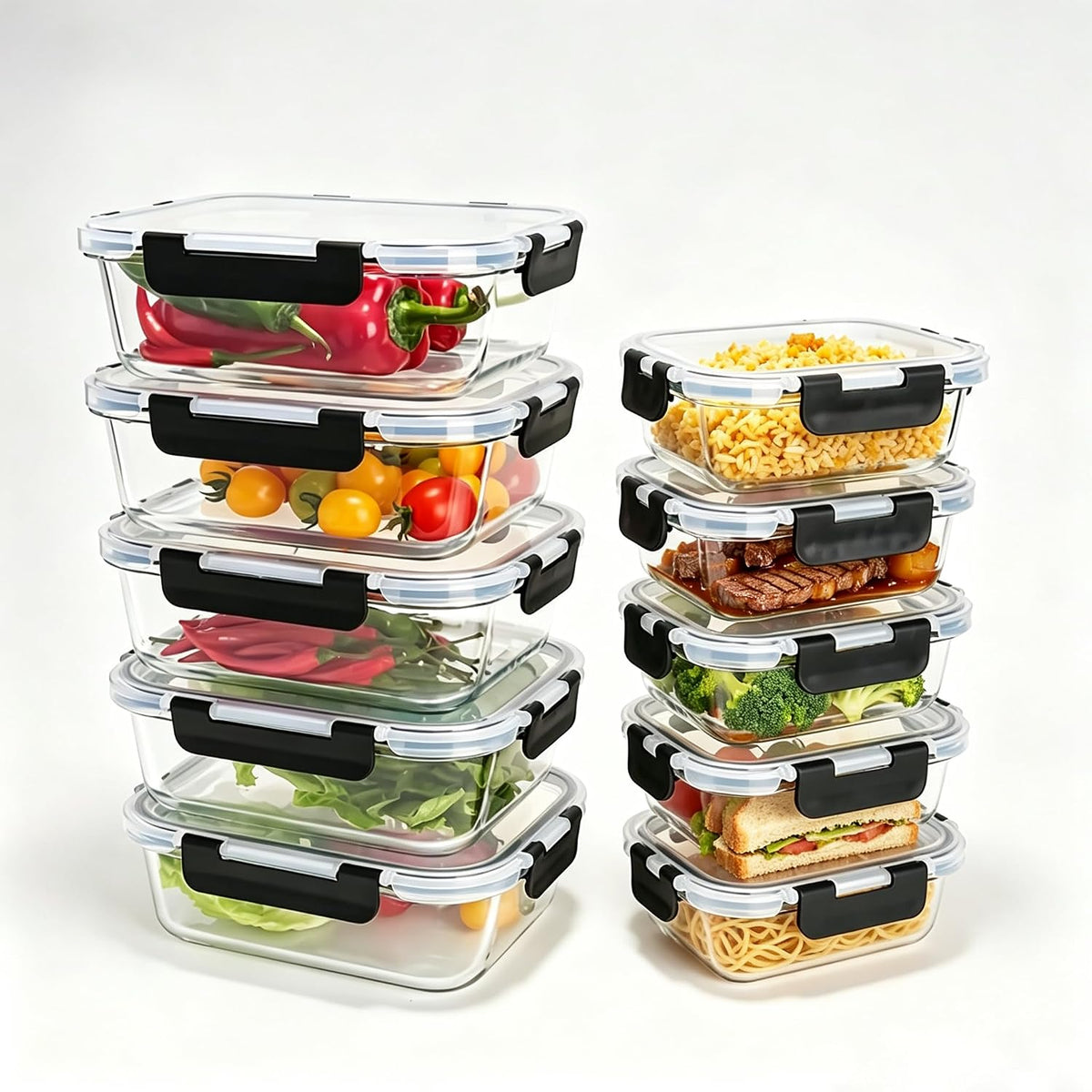 Glass Food Storage Containers with Airtight Lids - BPA-Free, Leak-Proof, Clear - for Lunch Meal Prep & Leftovers Set of 10